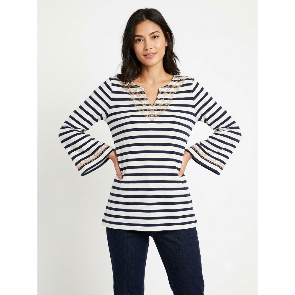 Chico's Blouse Top Womens SP Blue White Striped Embroidered V-Neck Linen Blend